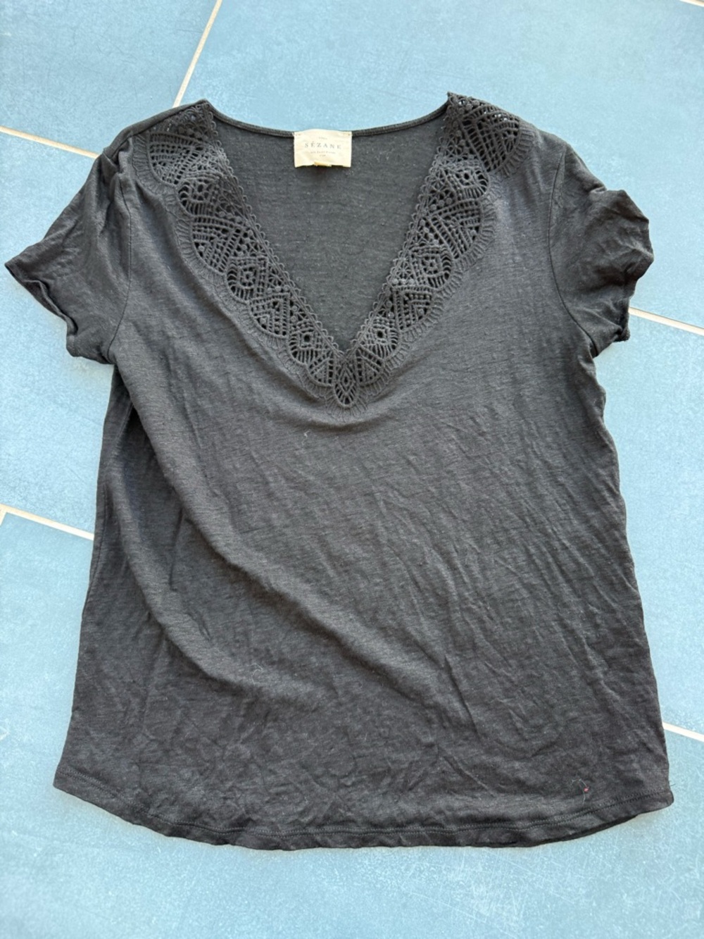 Sezane Black Short-Sleeve V-Neck Tee with Lace Trim